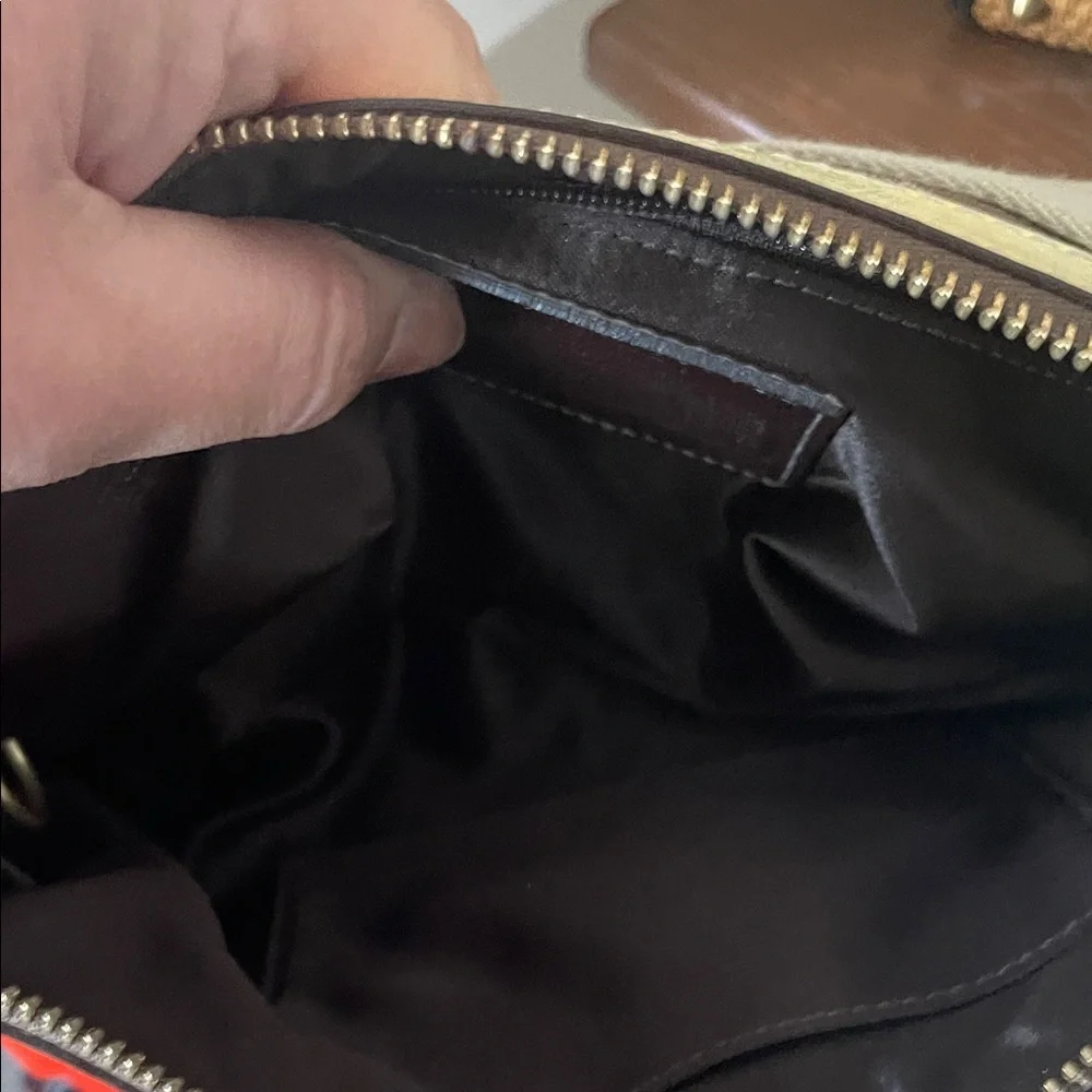 Coach Brown Signature Canvas Shoulder Bag with Cream Stripe